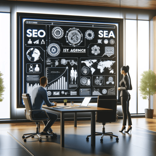 DALL·E 2024-01-19 11.48.17 - A photorealistic square image depicting a webmaster and a client in a large, modern office. The webmaster is standing next to an electronic whiteboard (1)
