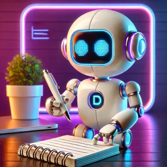 DALL·E 2024-12-04 13.37.52 – A modern, photorealistic, square image featuring a friendly small white robot holding a notepad and writing on it with a pen. The robot is designed wi DALL·E 2024-12-04 13.37.52 - A modern, photorealistic, square image featuring a friendly small white robot holding a notepad and writing on it with a pen. The robot is designed wi
